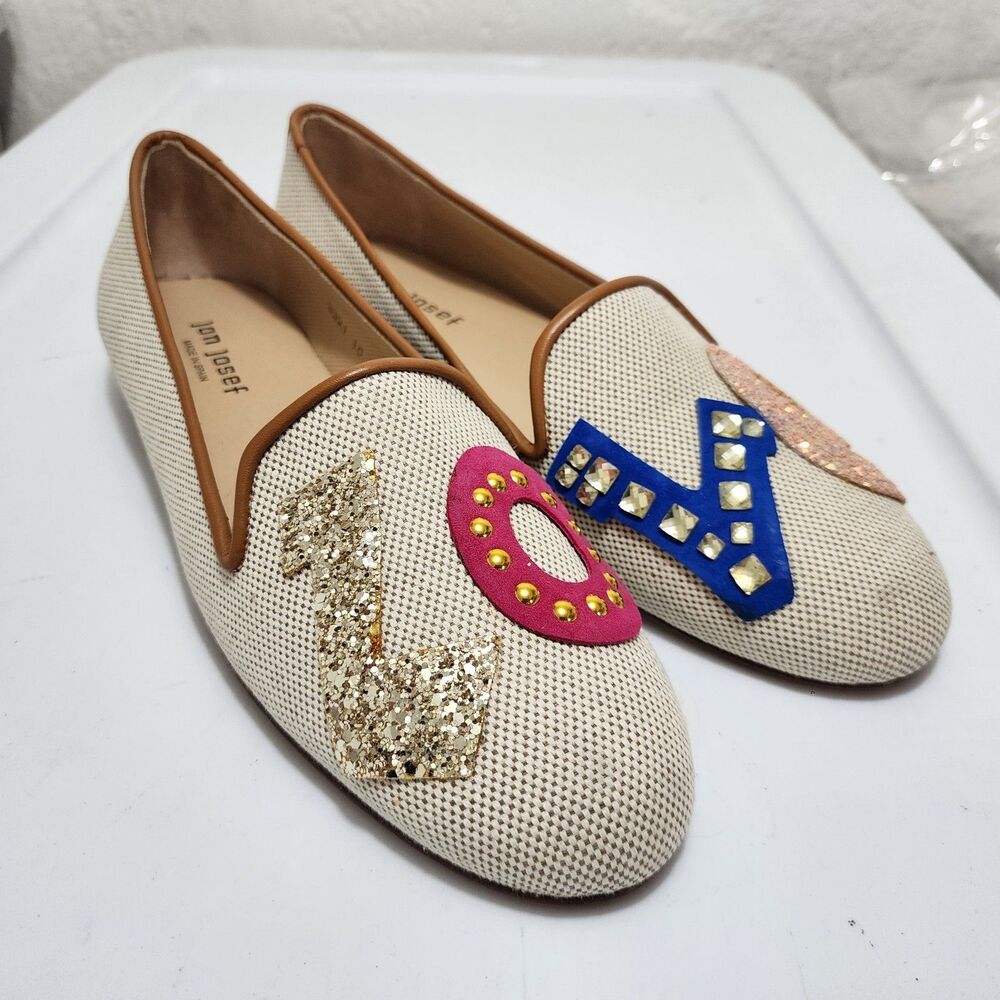 Jon Josef Gatsby Love Flats natural linen Leather trim Round toe flat Loafer 10M